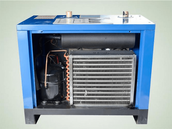 cutaway view of refrigerated air dryer, including a compressor, condenser, and evaporator
